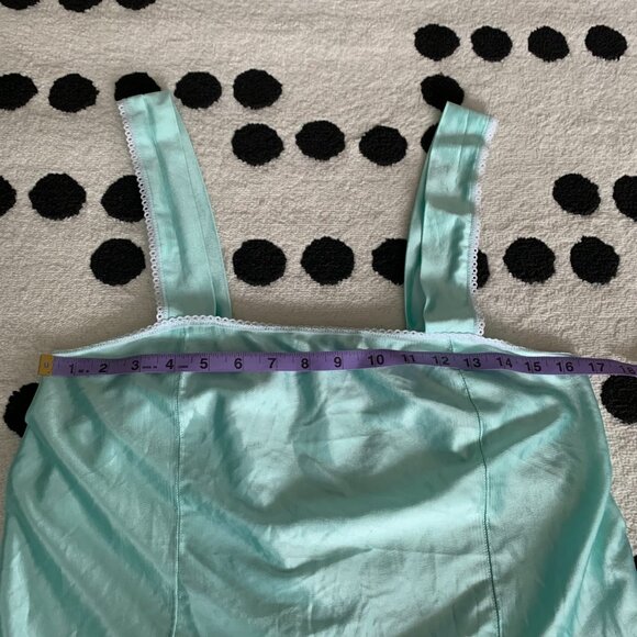 Vintage 90s Teal Satin Lace Trim Square Neck Camisole Boho Chic Crop Tank Top - Picture 11 of 16